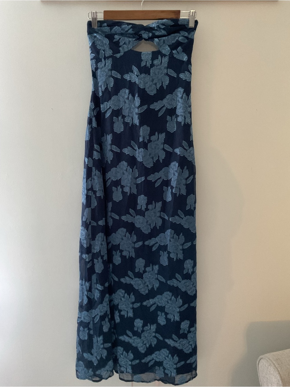 Lulus Danae Navy Blue Floral Jacquard Strapless Chiffon Maxi Dress Event - Picture 5 of 14